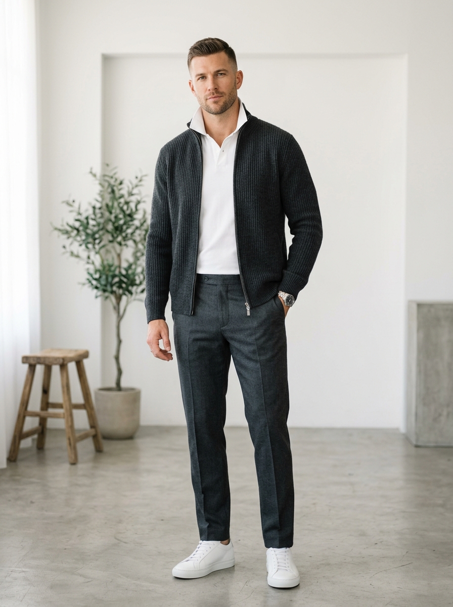 Full-Zip Merino Cardigan over Polo Shirt